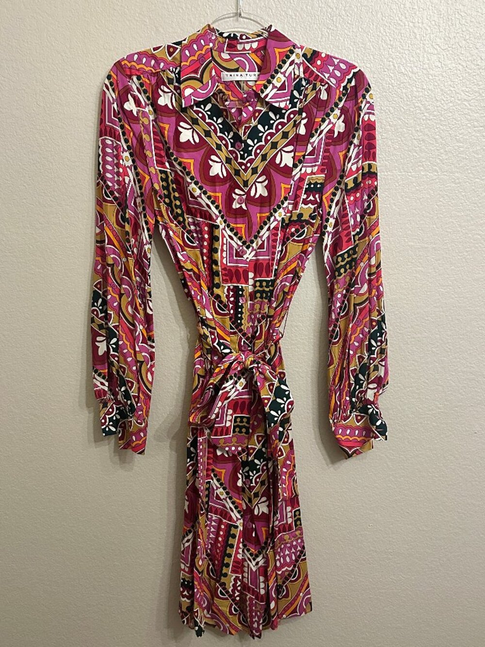 Trina Turk Pink Multicolor Geometric Print Belt Tie Shirt Dress Size S